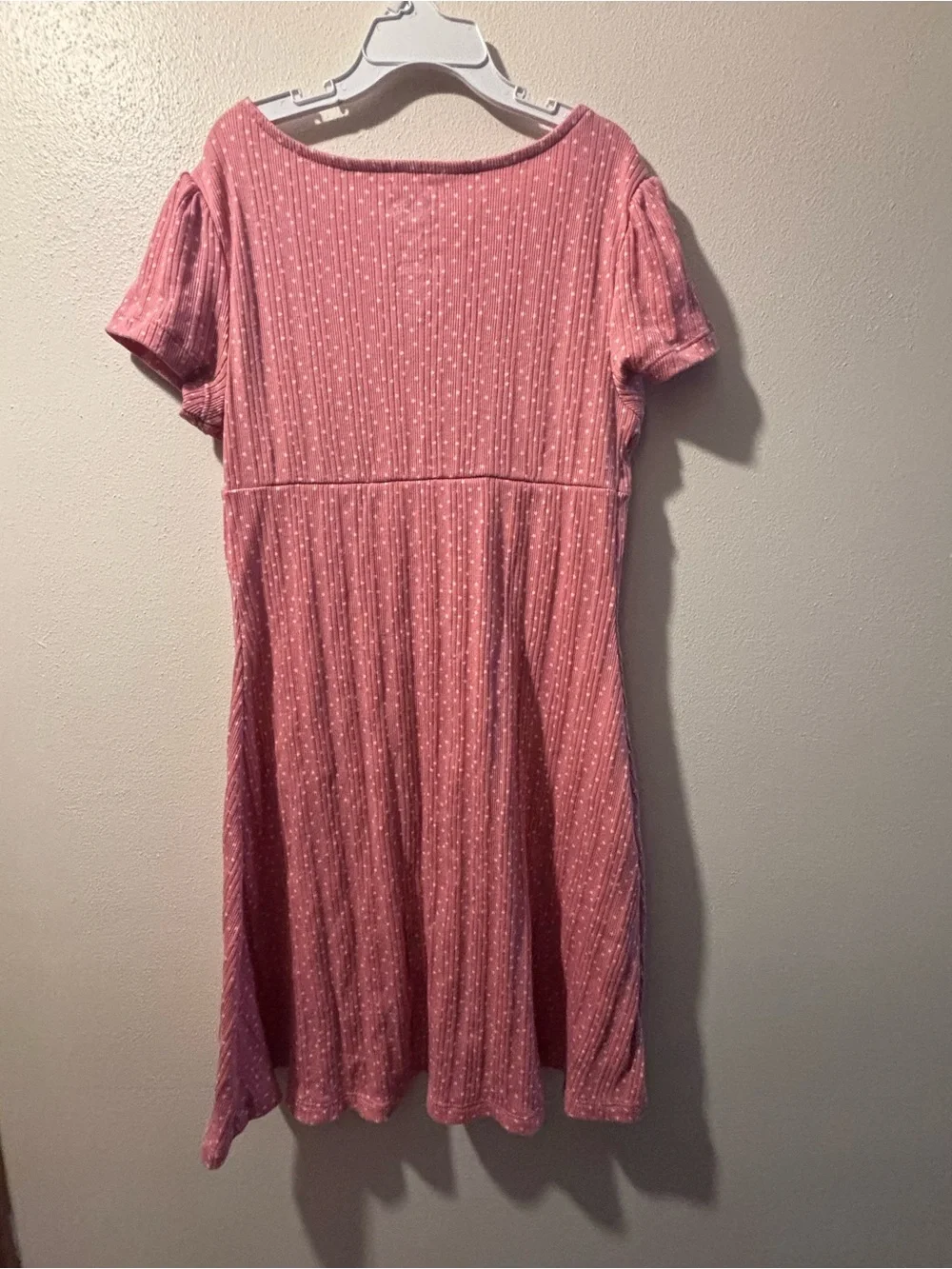 NWOT SO Girls Pink Ribbed Button Front Dress Polka Dot Puff Sleeve Size L 10/12